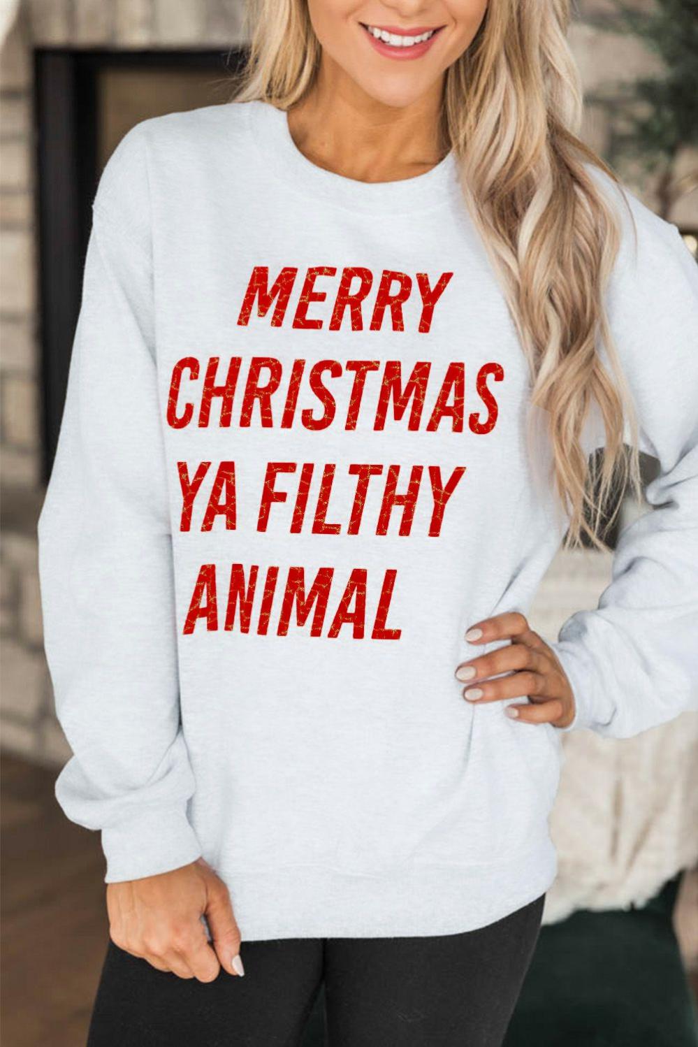 Womens  Graphic Sweatshirts | White Merry Christmas Ya Filthy Animal Graphic Sweatshirt GRAPHIC Graphic Sweatshirts