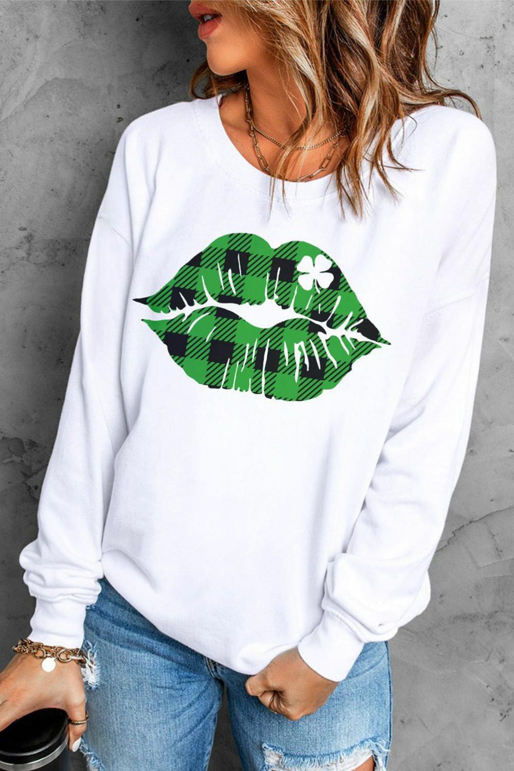 Womens  Graphic Sweatshirts | White Plaid Lip Clover Graphic Print Long Sleeve Sweatshirt GRAPHIC Graphic Sweatshirts