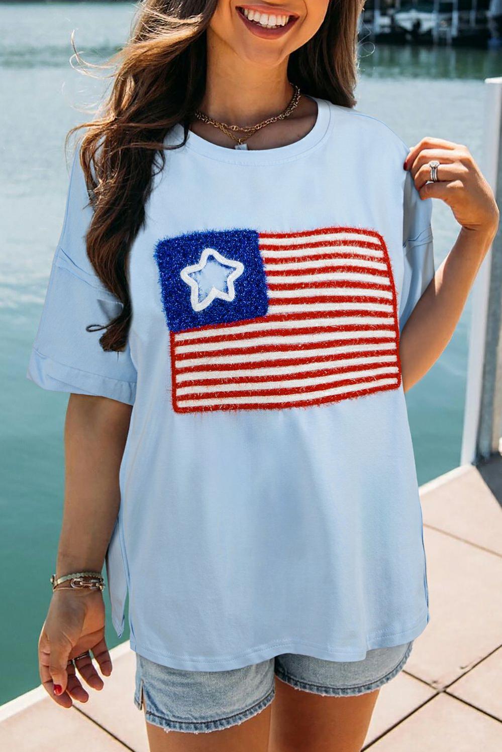 Womens  Graphic Tees | Beau Blue Tinsel American Flag Graphic Drop Shoulder T-shirt GRAPHIC Beau Blue