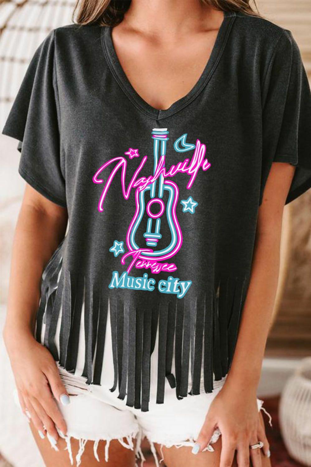 Womens  Graphic Tees | Black Nashville Forever V Neck Fringed Graphic Tee GRAPHIC Black