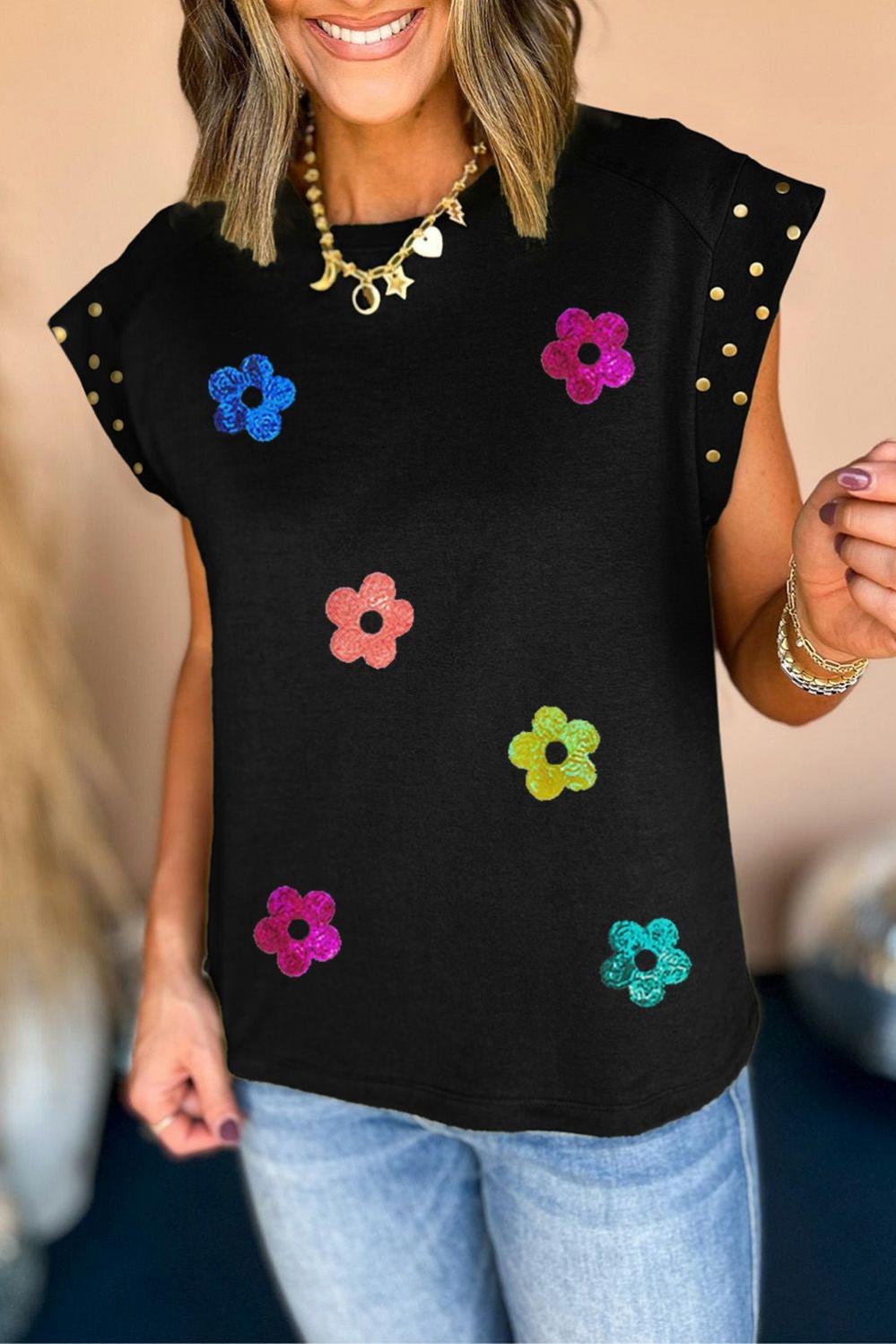 Womens  Graphic Tees | Black Shiny Flower Graphic Studded Cap Sleeve T Shirt GRAPHIC Black