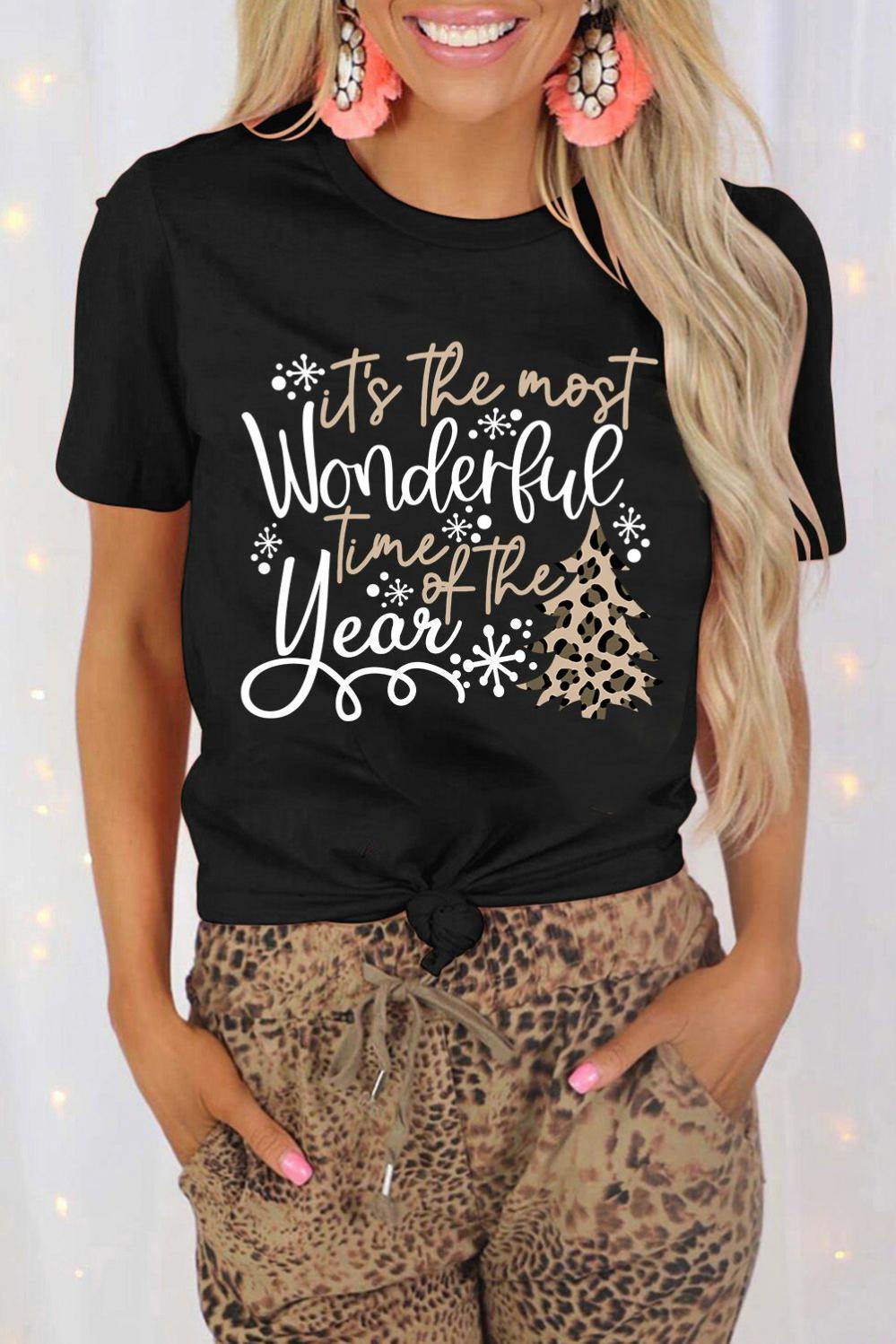 Womens  Graphic Tees | Black Wonderful Christmas Season Leopard Graphic Tee GRAPHIC Black