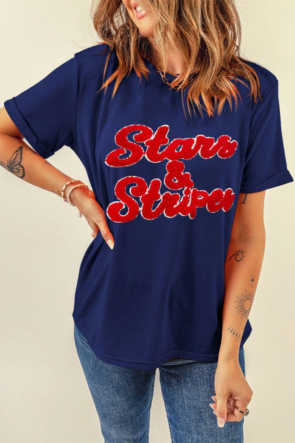 Womens  Graphic Tees | Blue Chenille Stars & Stripes Patched Graphic T Shirt GRAPHIC Blue