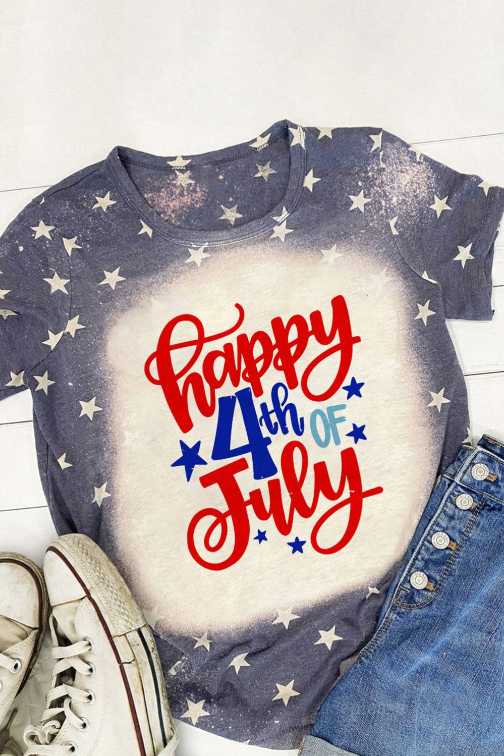 Womens  Graphic Tees | Blue Happy 4th Of July Bleached Stars Print T Shirt GRAPHIC Blue