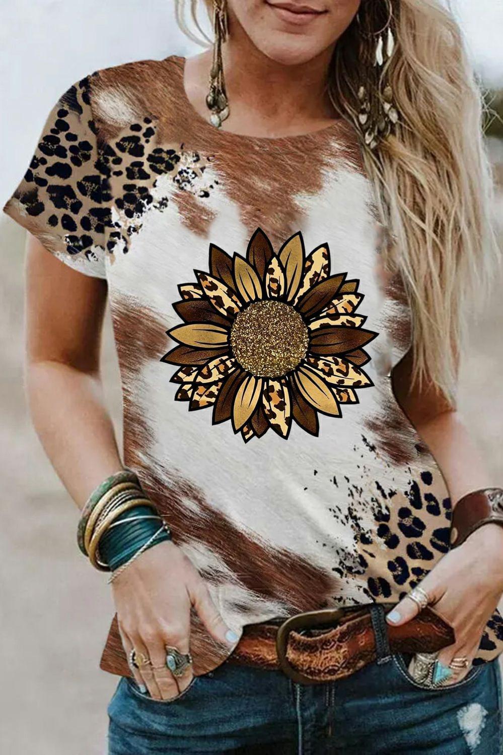 Womens  Graphic Tees | Chestnut Leopard Bleached Sunflower Graphic Crewneck T Shirt GRAPHIC Chestnut