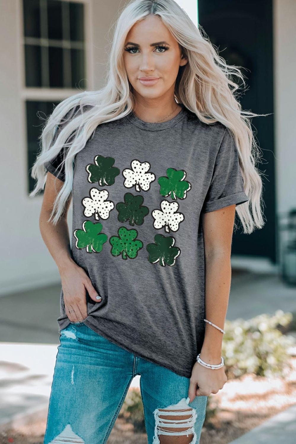 Womens  Graphic Tees | Gray Dotted Clovers Print Round Neck T Shirt GRAPHIC Graphic Tees