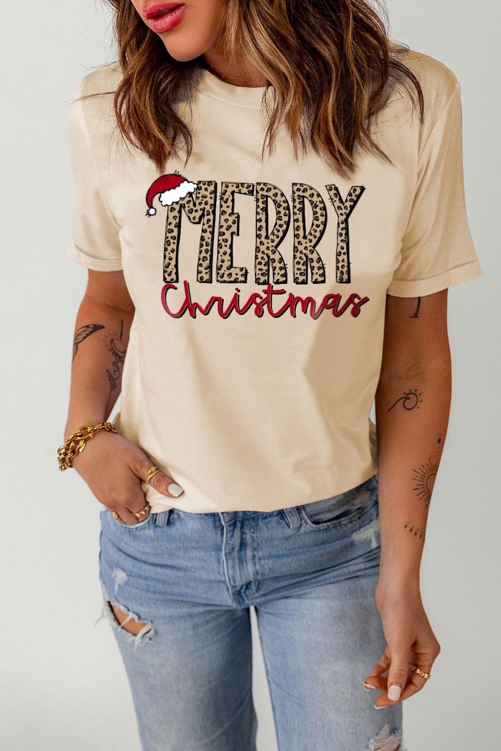 Womens  Graphic Tees | Khaki MERRY Christmas Crew Neck Graphic Tee GRAPHIC Graphic Tees