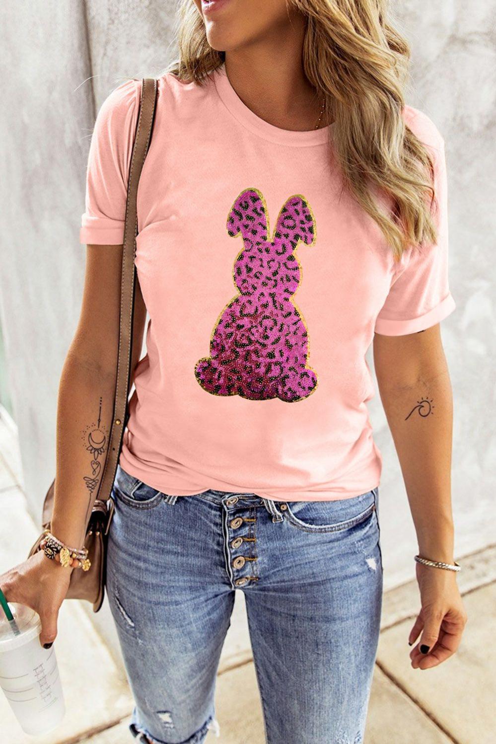 Womens  Graphic Tees | Pink Sequined Leopard Bunny Easter Graphic Tee GRAPHIC Graphic Tees