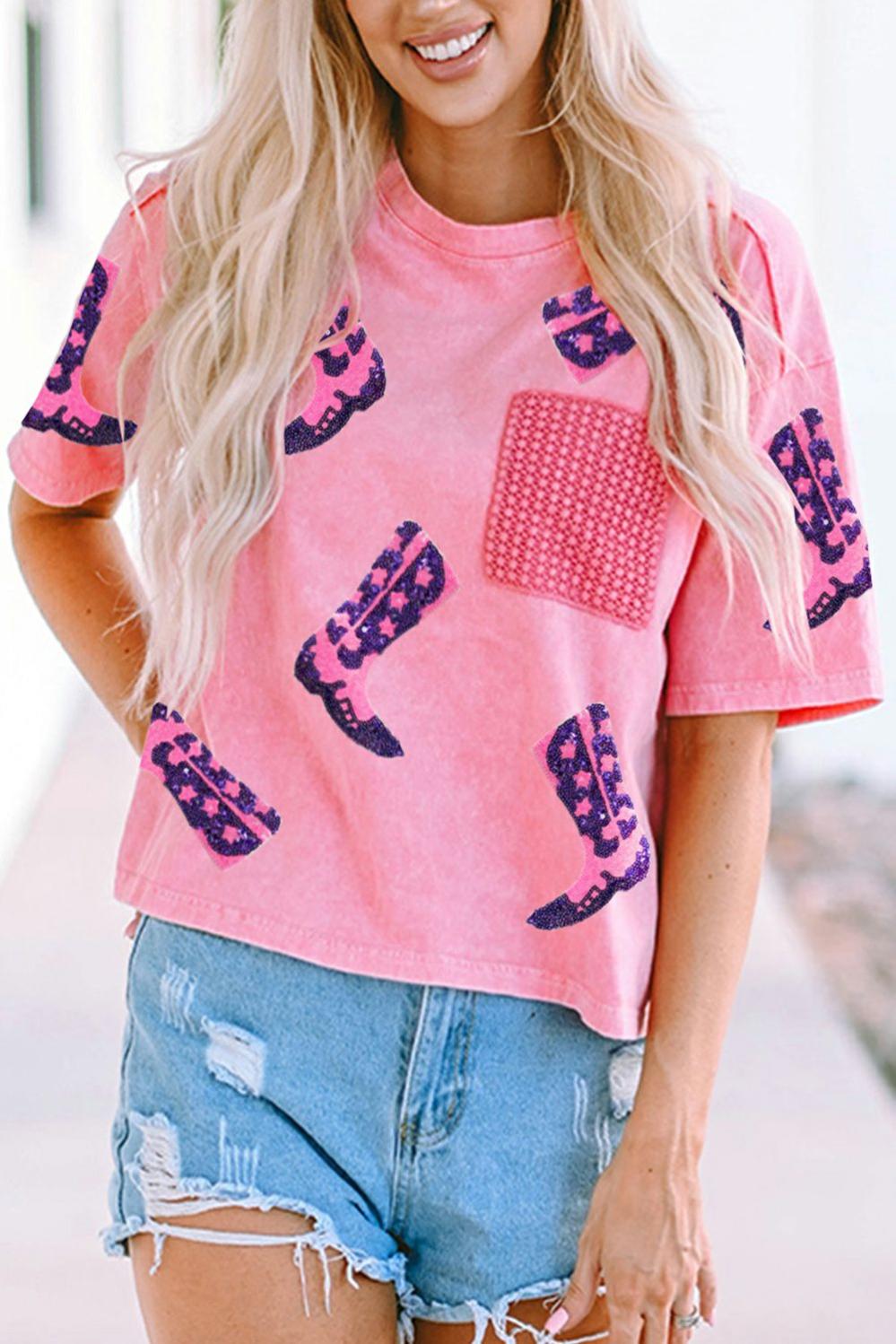 Womens  Graphic Tees | Pink Western Boots Sequin Patchwork Crew Neck T Shirt GRAPHIC Graphic Tees