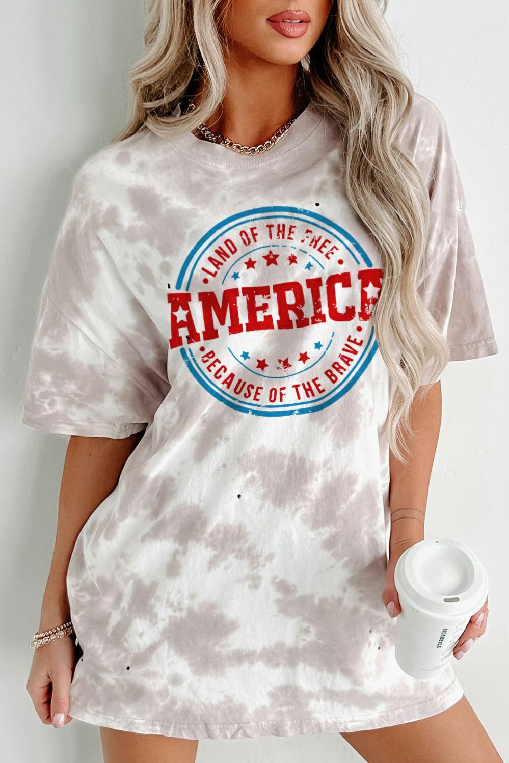 Womens  Graphic Tees | White Oversized Tie-dye AMERICA Graphic T-shirt with Distressing GRAPHIC Graphic Tees