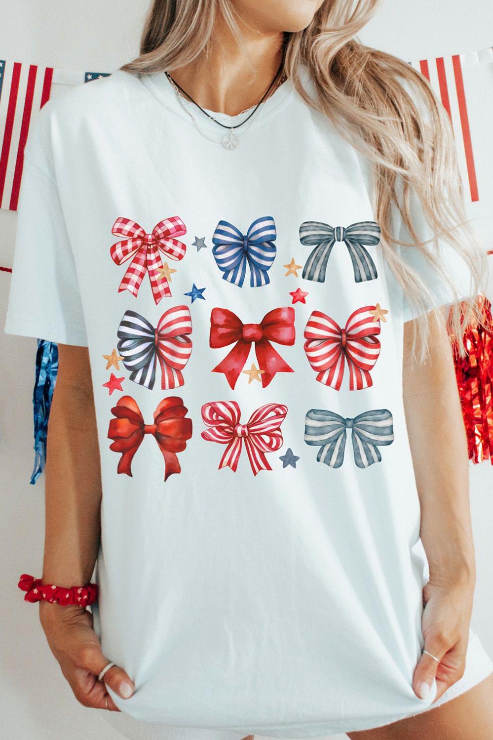 Womens  Graphic Tees | White Stripe and Star Bowknot Graphic Tee GRAPHIC Graphic Tees