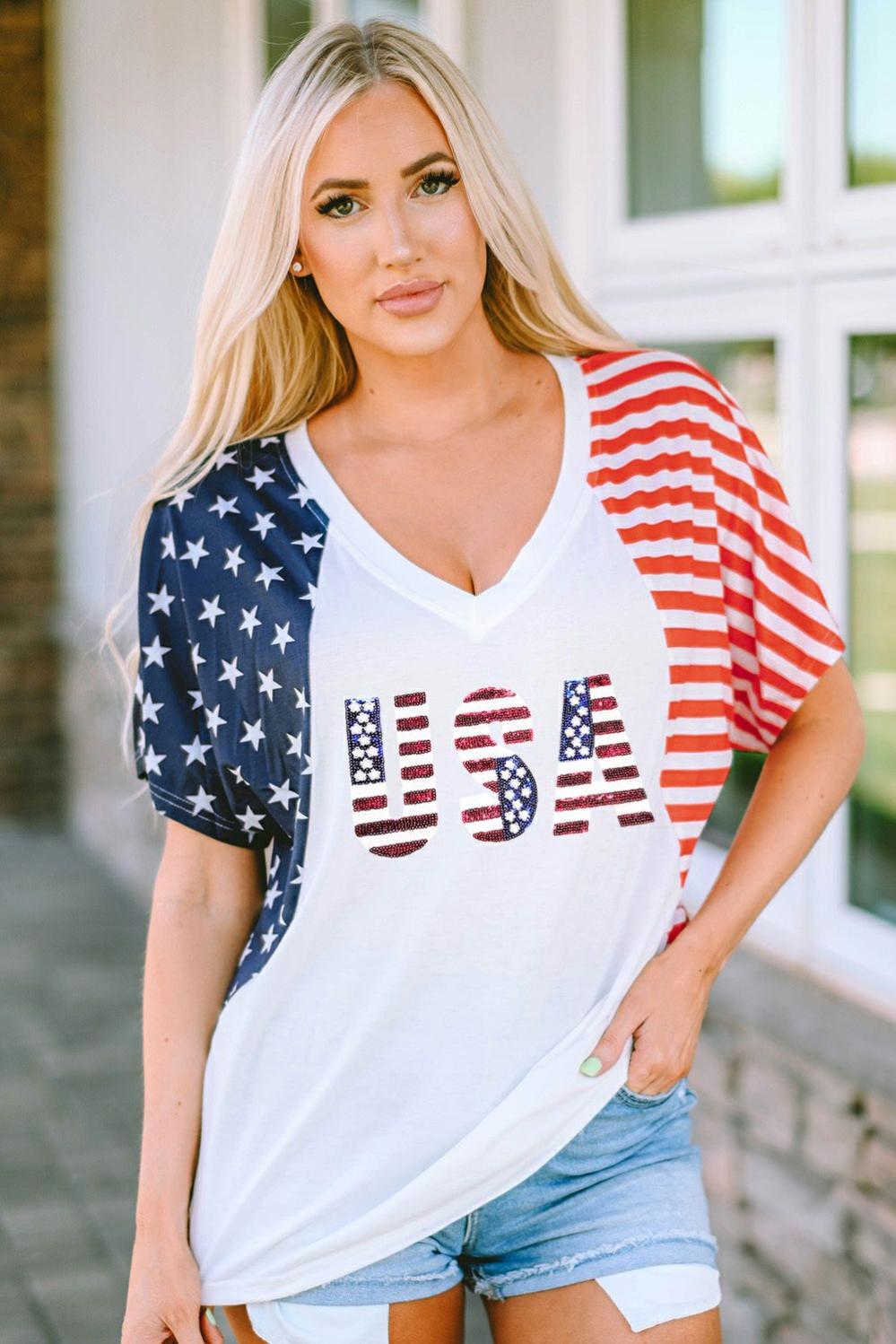 Womens  Graphic Tees | White USA Flag Sequin Patchwork Color Bock T Shirt GRAPHIC Graphic Tees