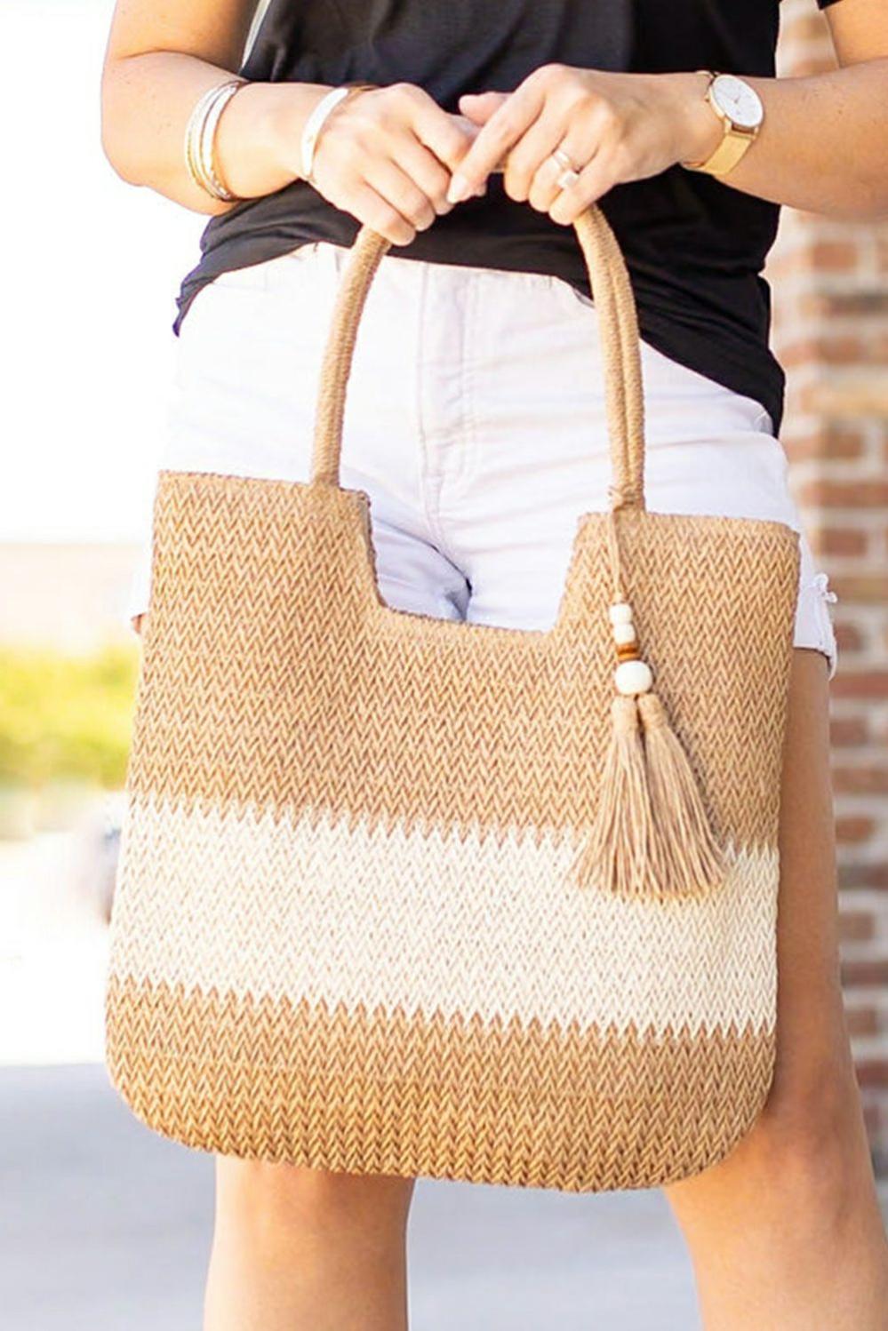 Womens  Handbags | Chestnut Color Block Straw Woven Tassel Decor Tote Bag Handbags Chestnut