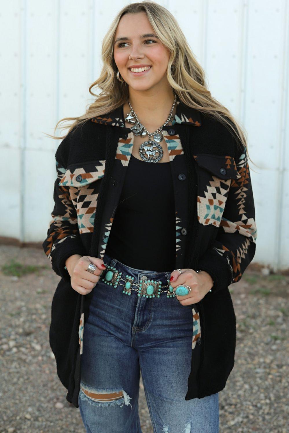 Womens  Jackets | Black Western Aztec Print Accent Fleece Shacket Jackets Black