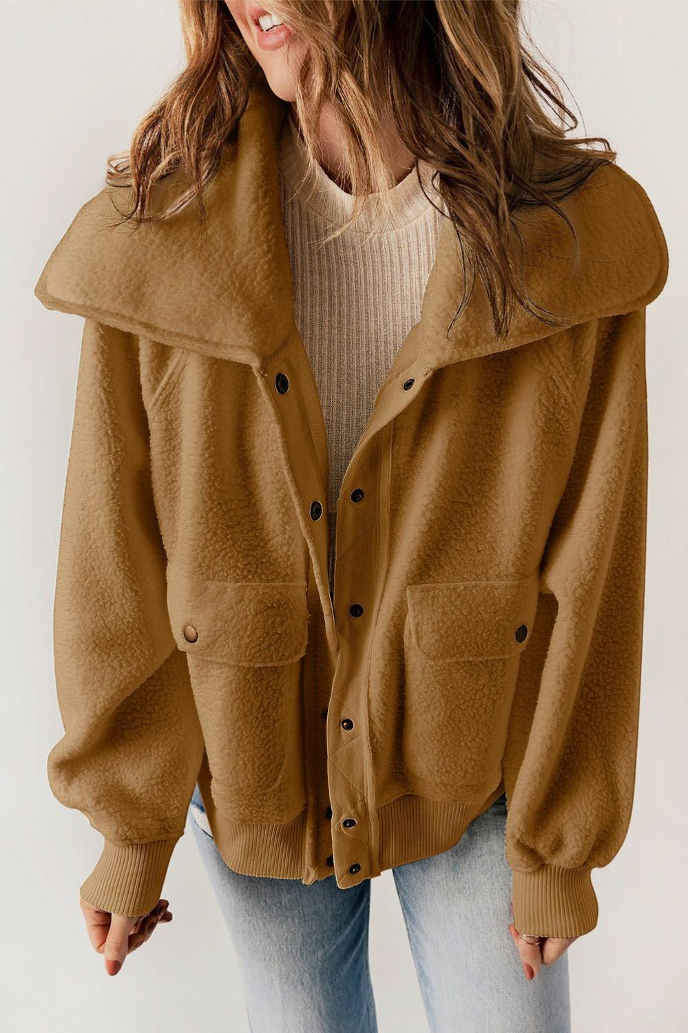 Womens  Jackets | Brown Button Flap Pocket Spread Collar Fleece Jacket Jackets Brown