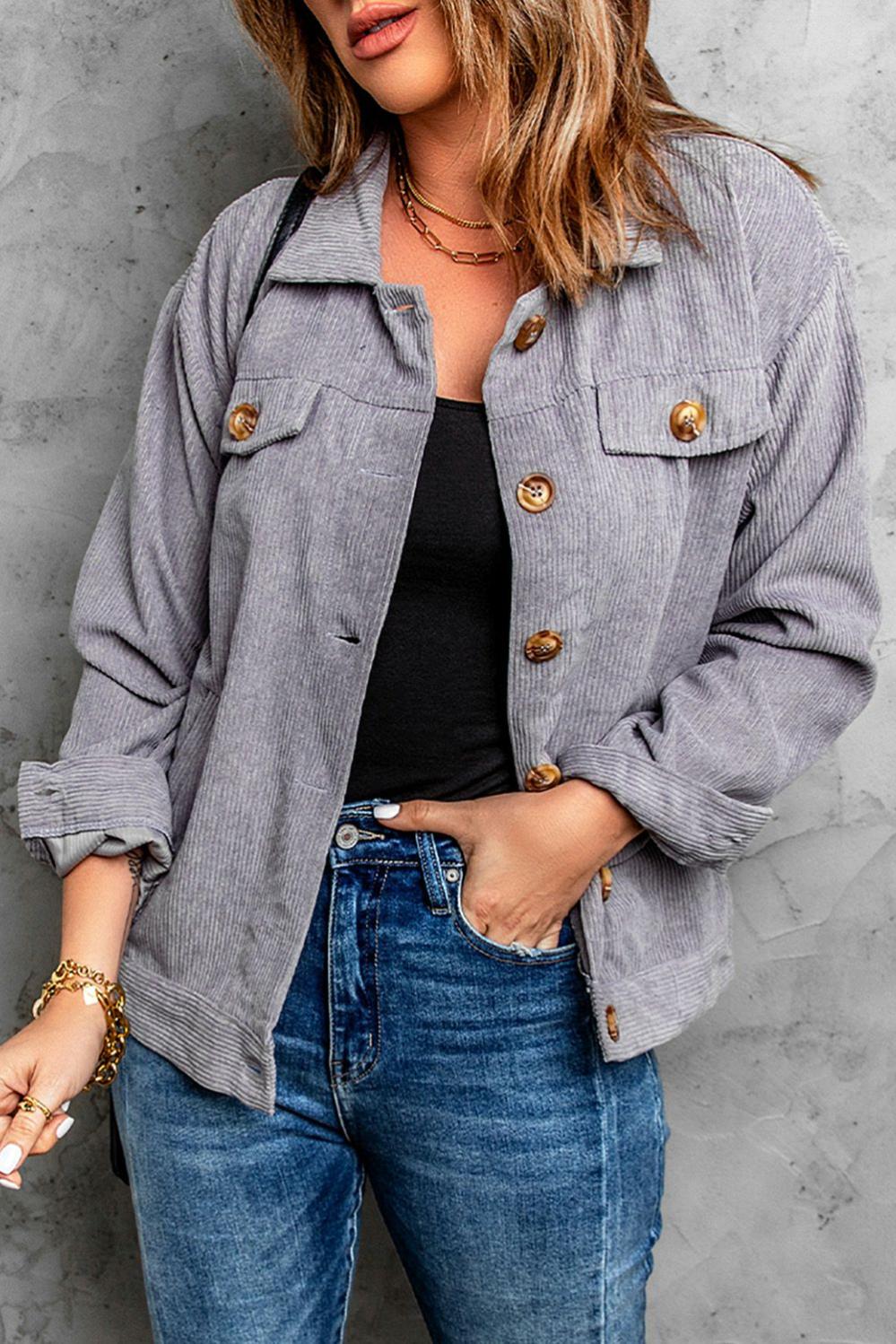 Womens  Jackets | Gray Ribbed Corduroy Long Sleeve Jacket with Pocket Jackets Gray