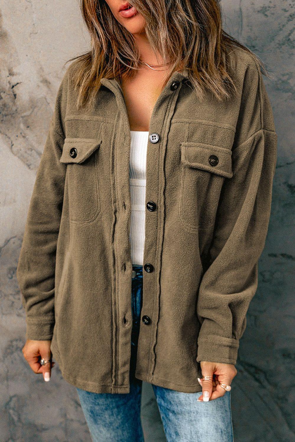 Womens  Jackets | Turn Down Collar Buttoned Shirt Jacket Green