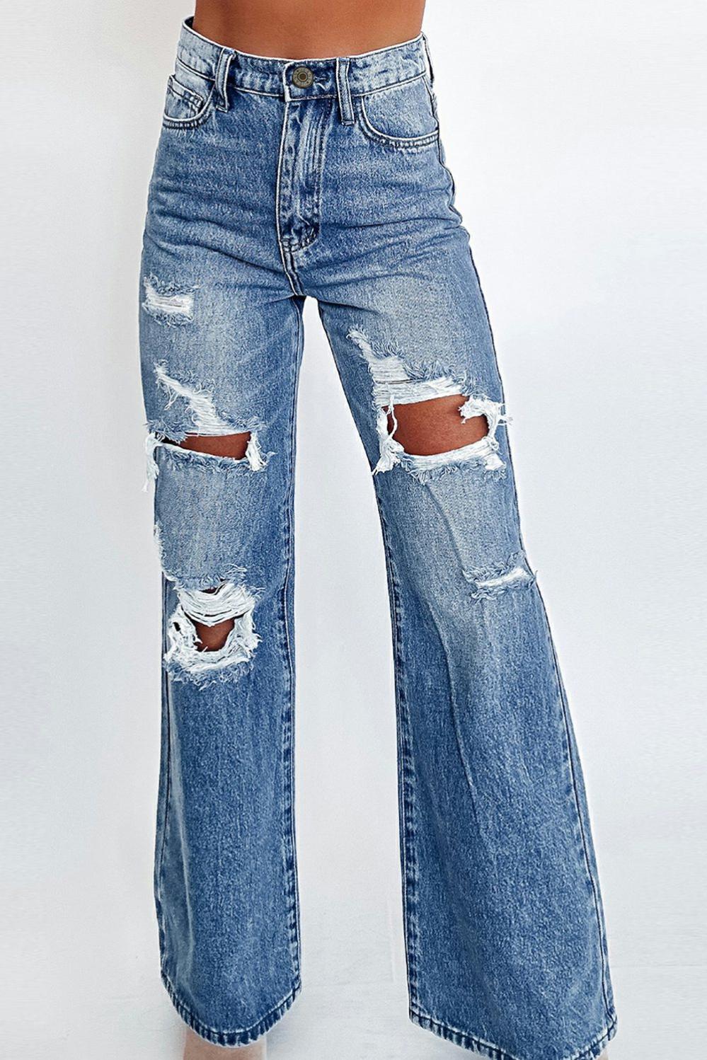 Womens  Jeans | Ashleigh Blue Acid Wash Distressed Wide Leg High Waist Jeans BOTTOMS Ashleigh Blue