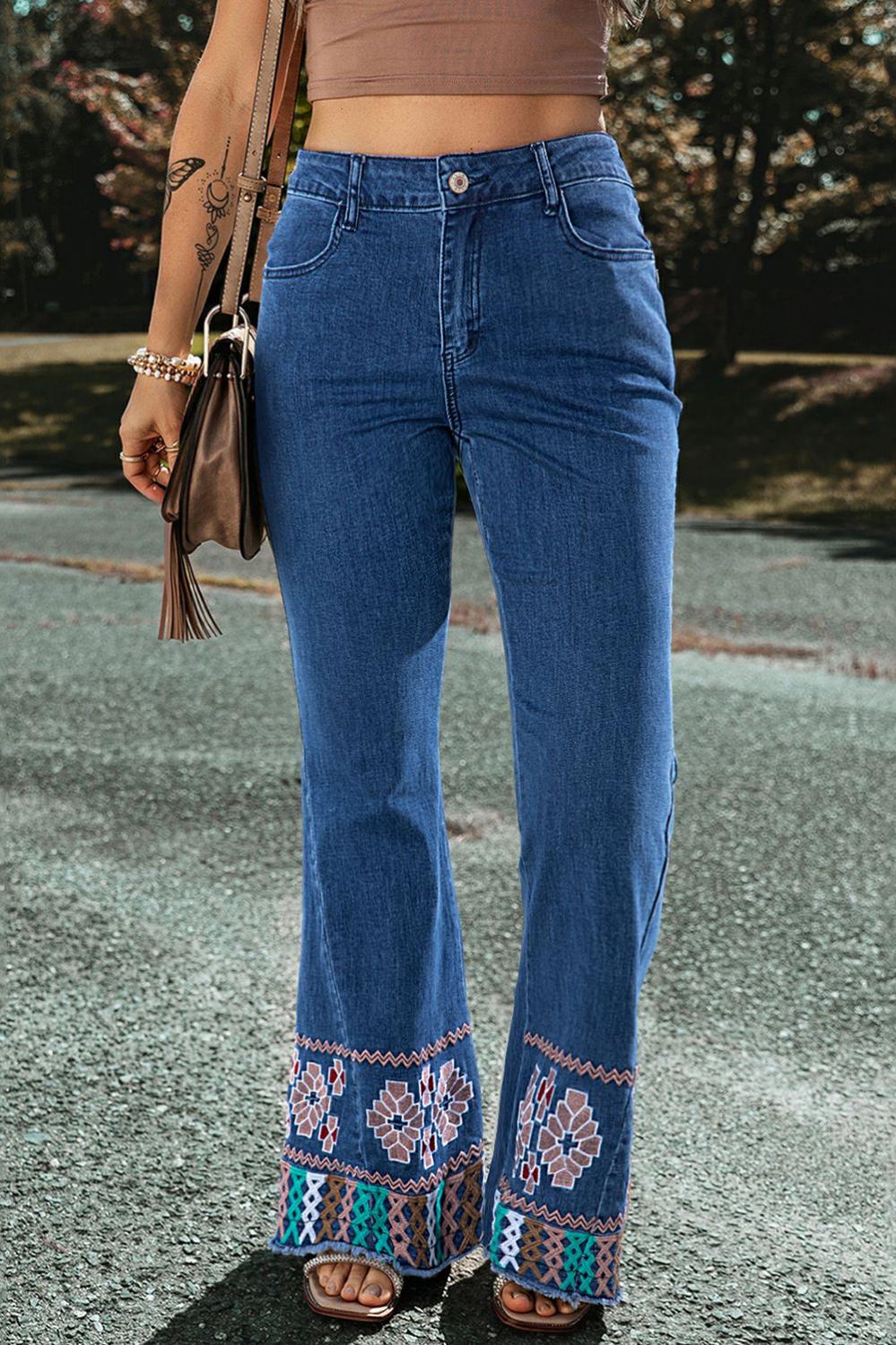 Womens  Jeans | Ashleigh Blue Geometric Embroidered Raw Hem Flared Jeans BOTTOMS Ashleigh Blue