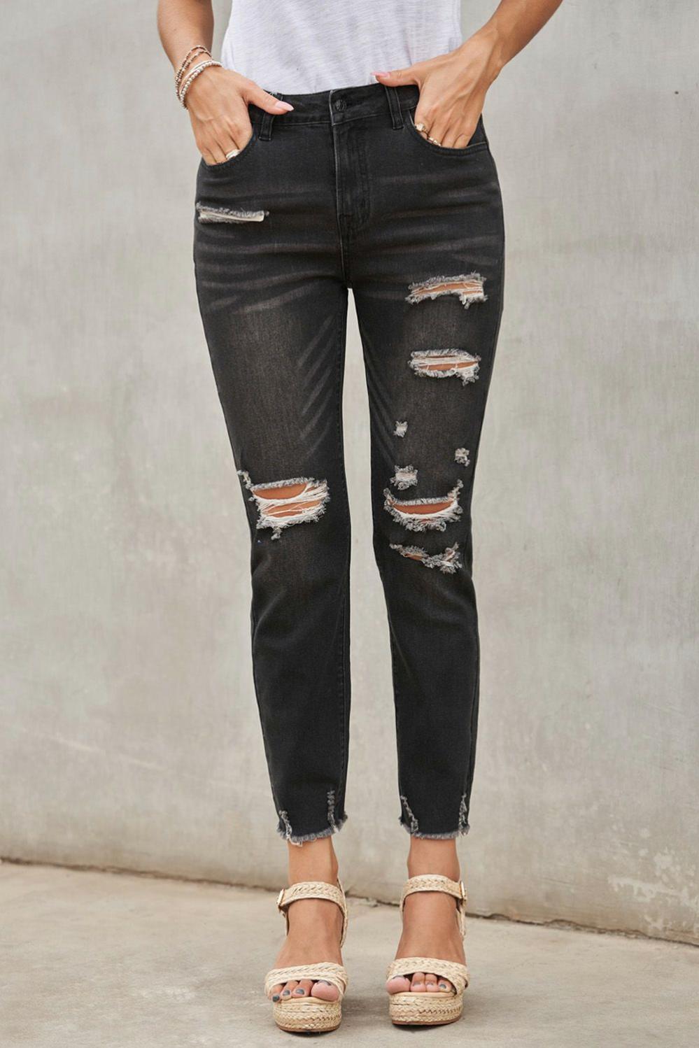 Womens  Jeans | Black Distressed Boyfriend Denim Pants BOTTOMS Black