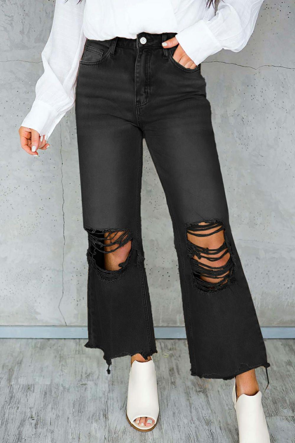 Womens  Jeans | Black Distressed Hollow-out High Waist Cropped Flare Jeans BOTTOMS Black