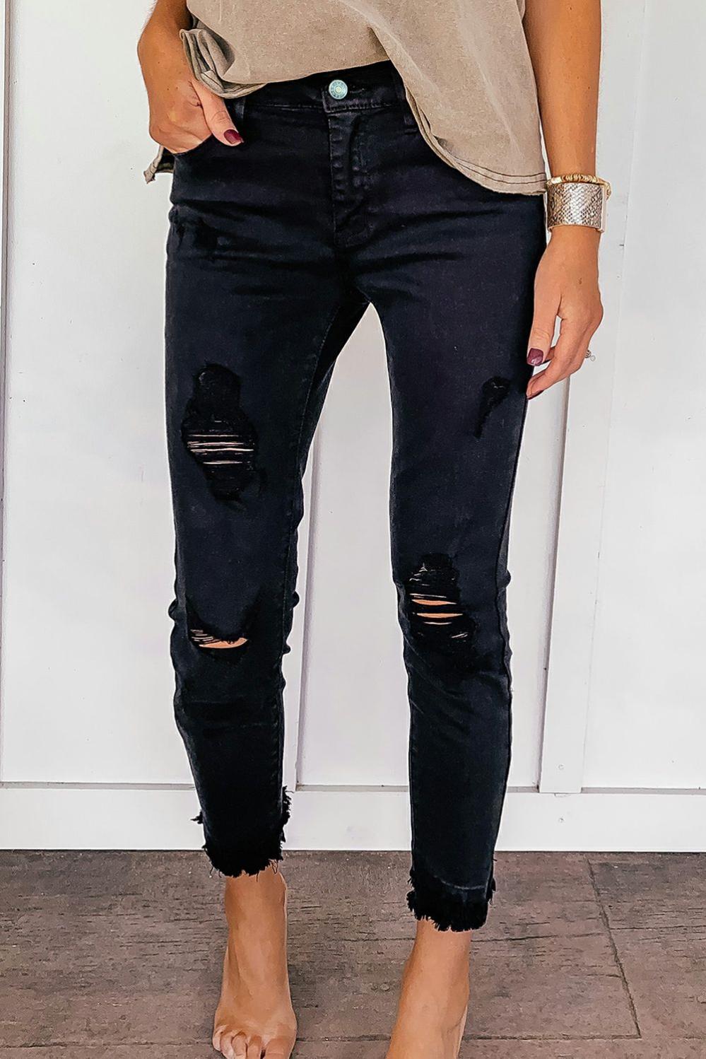 Womens  Jeans | Black Distressed Raw Edge Cropped Skinny Jeans BOTTOMS Black