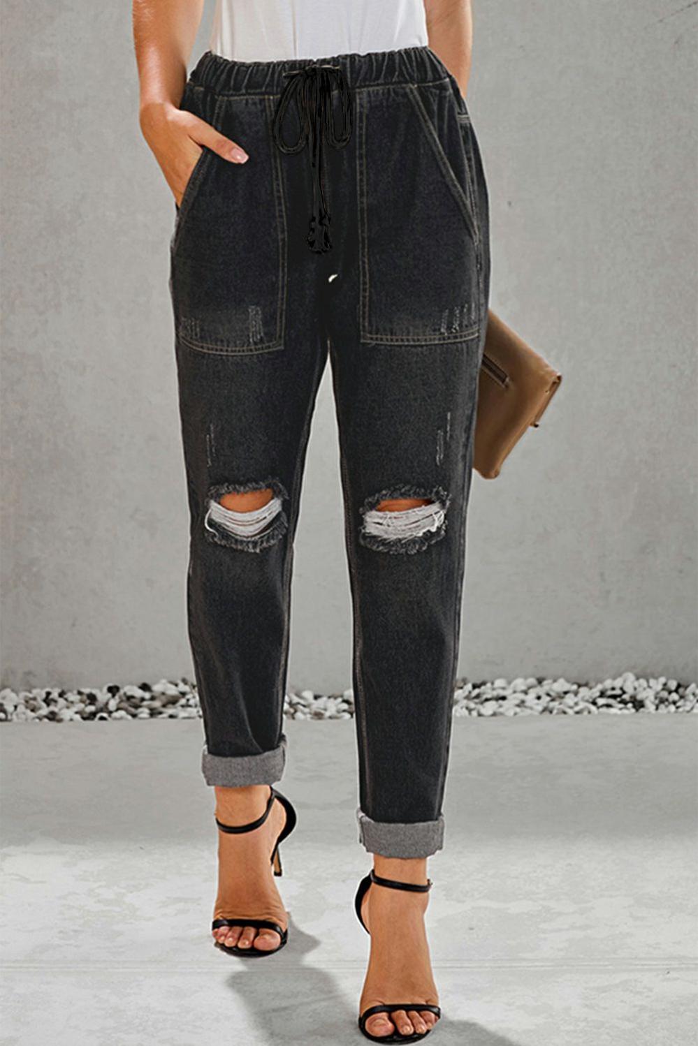 Womens  Jeans | Black Gather Round Distressed Pocketed Denim Jogger BOTTOMS Black