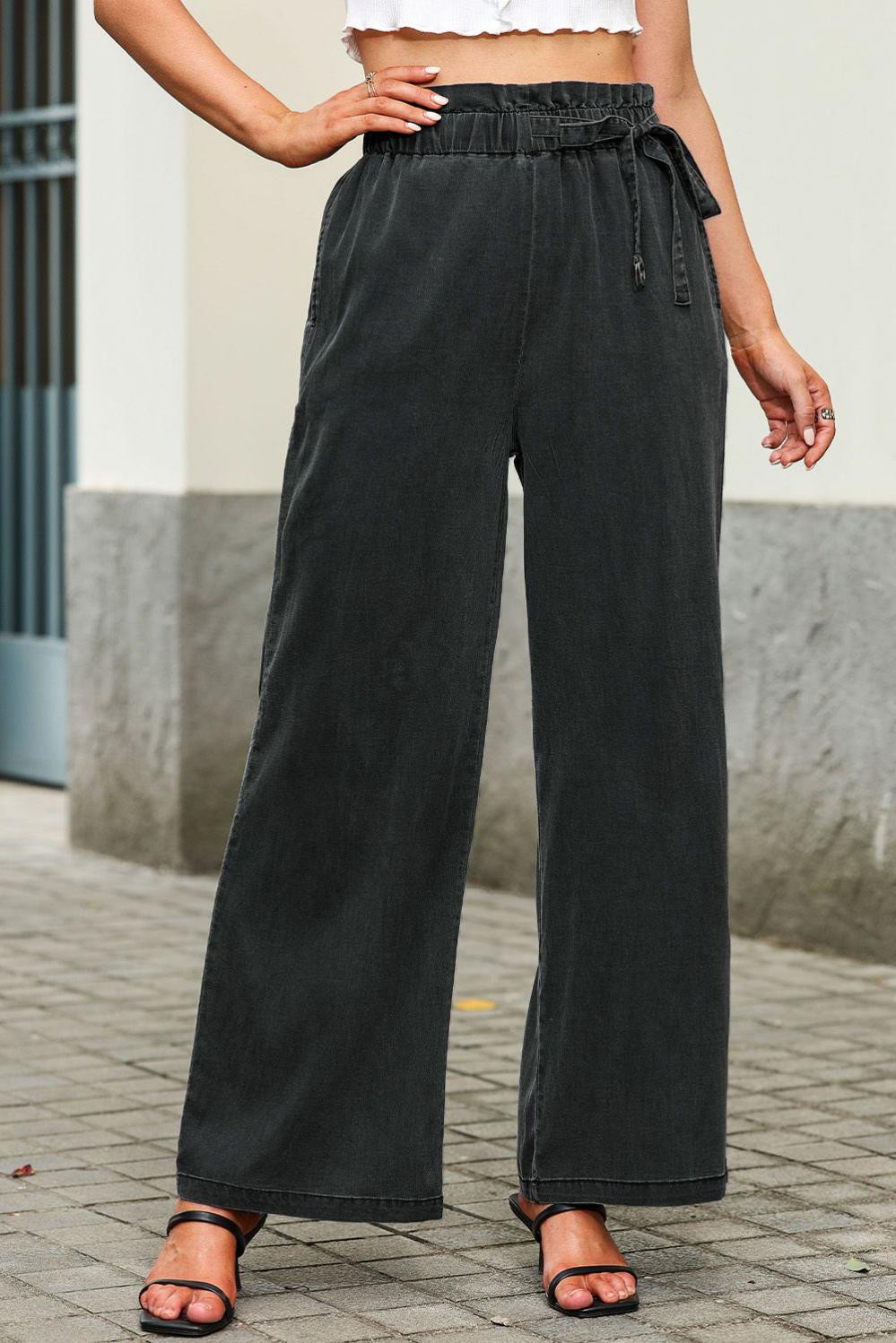 Womens  Jeans | Black High Waist Pocketed Wide Leg Tencel Jeans BOTTOMS Black