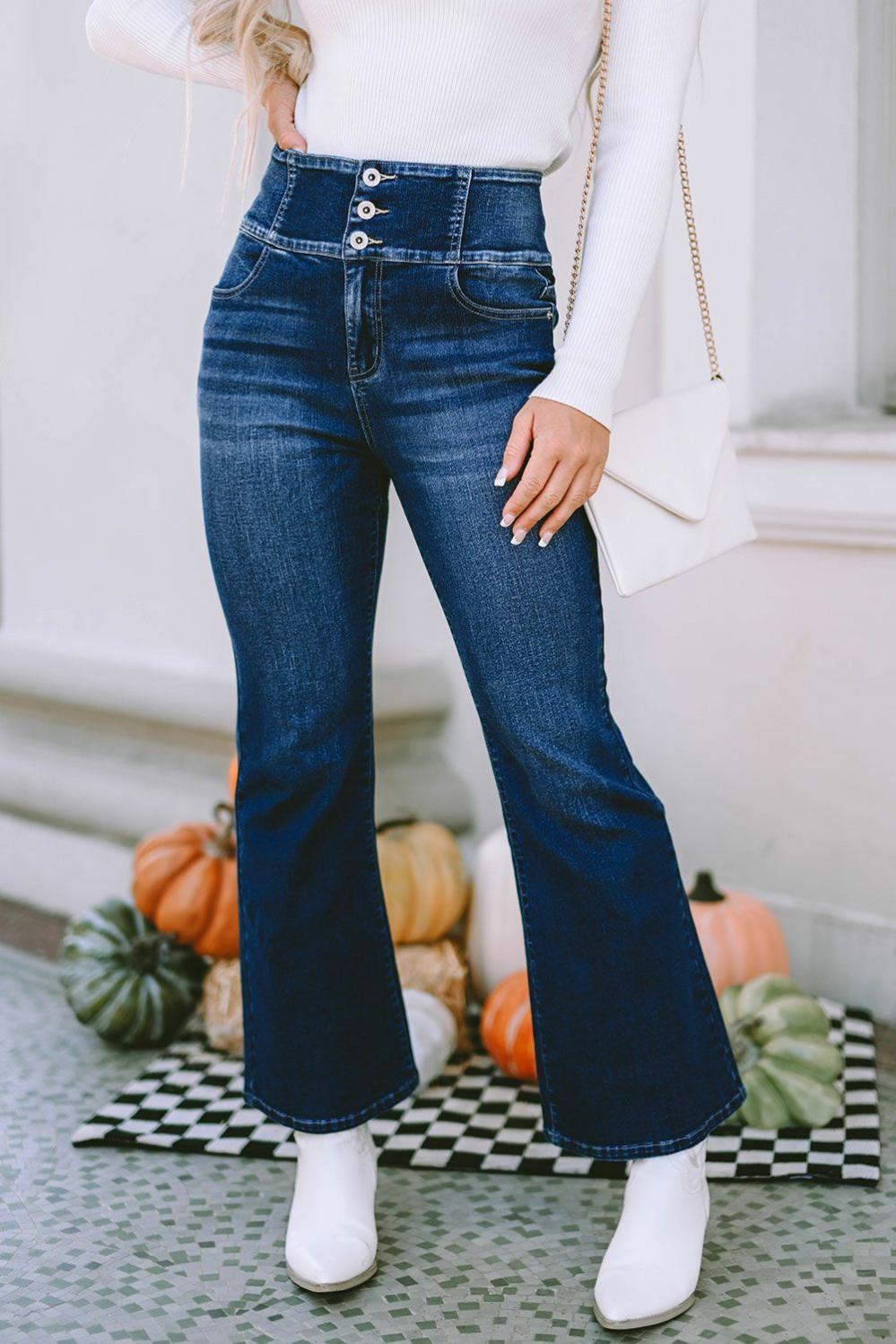 Womens  Jeans | Blue Buttons Elastic Wide Waistband Back Flare Jeans BOTTOMS Blue