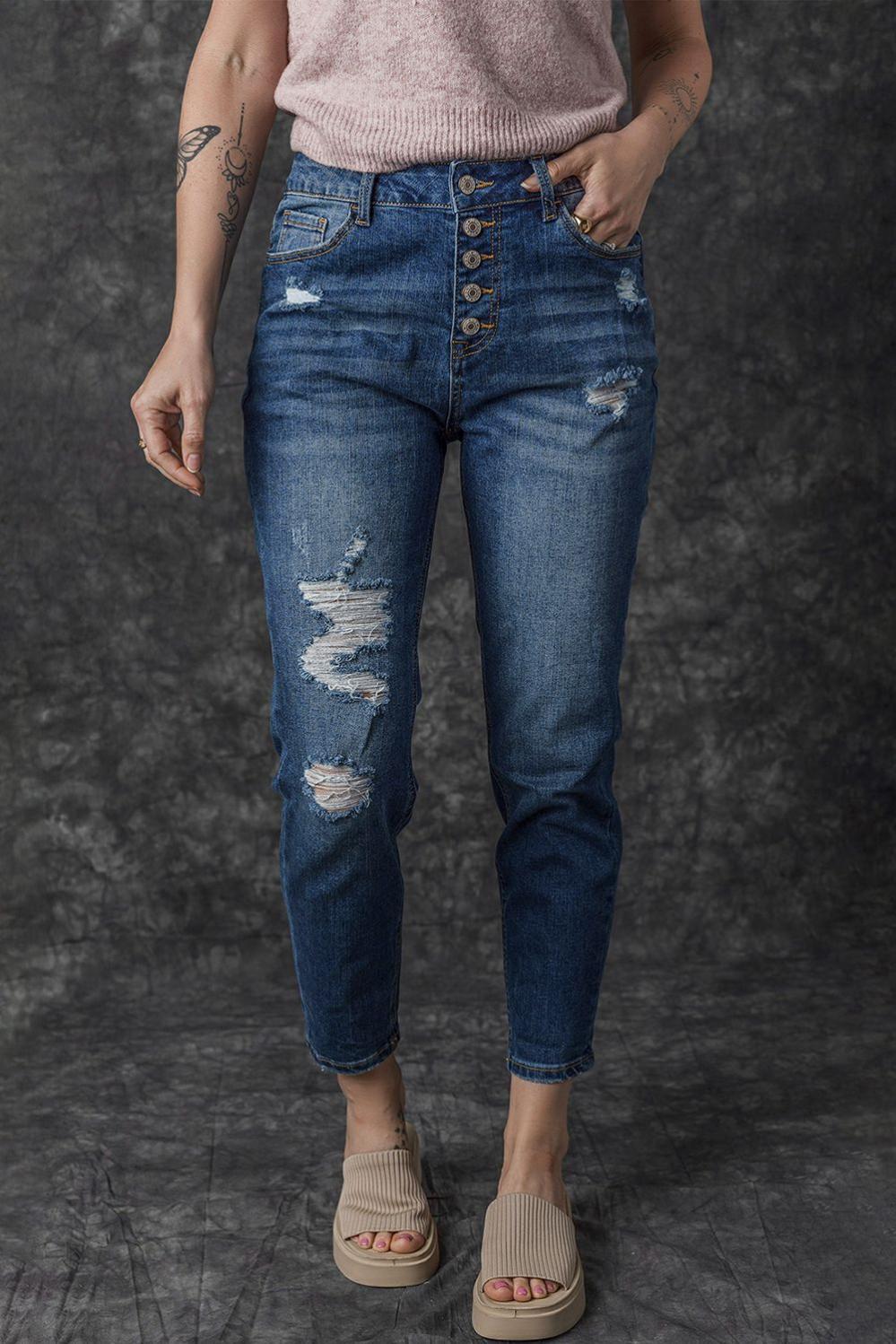 Womens  Jeans | Blue Distressed Button Fly High Waist Skinny Jeans BOTTOMS Blue