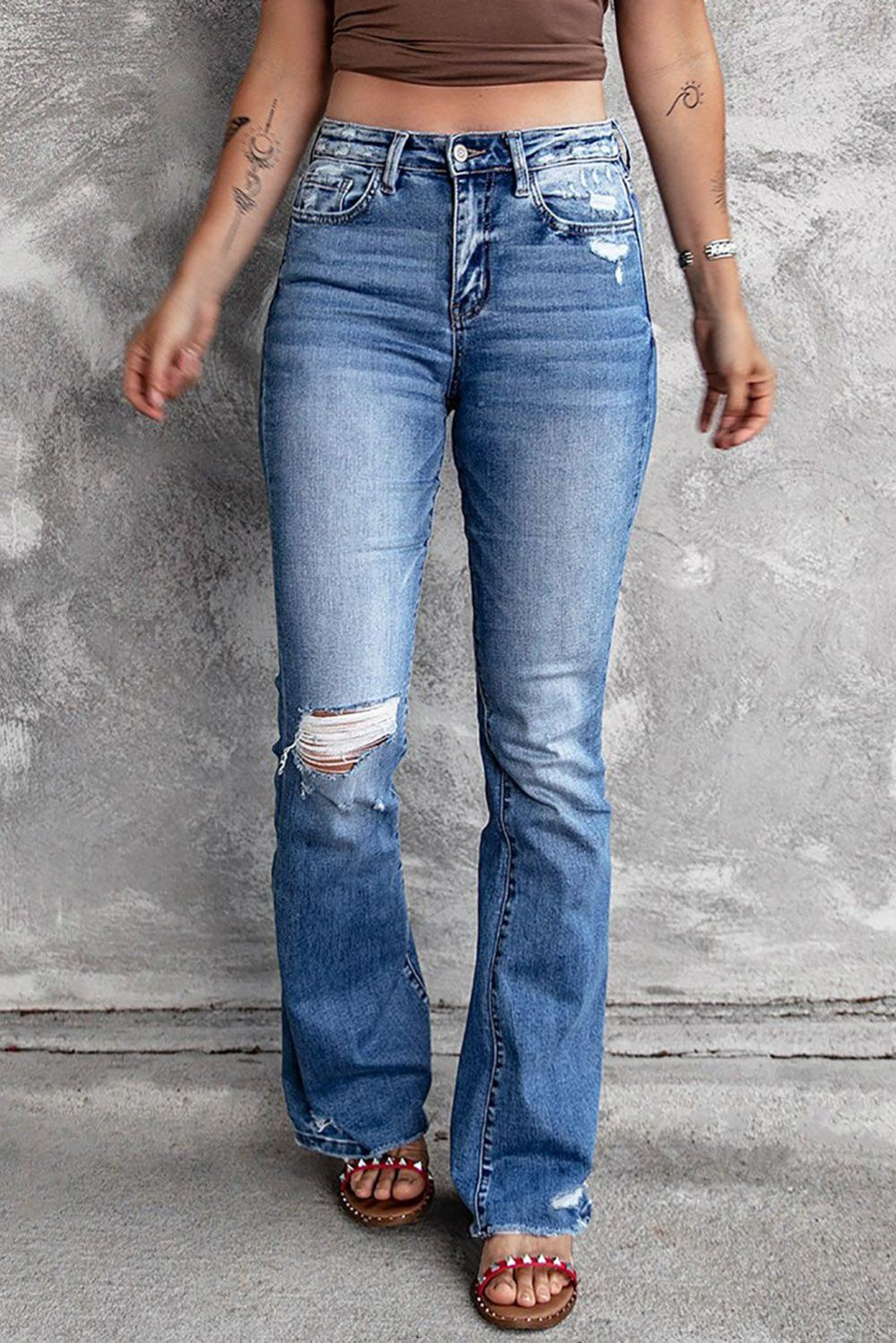 Womens  Jeans | Blue Distressed Flare Jeans BOTTOMS Blue