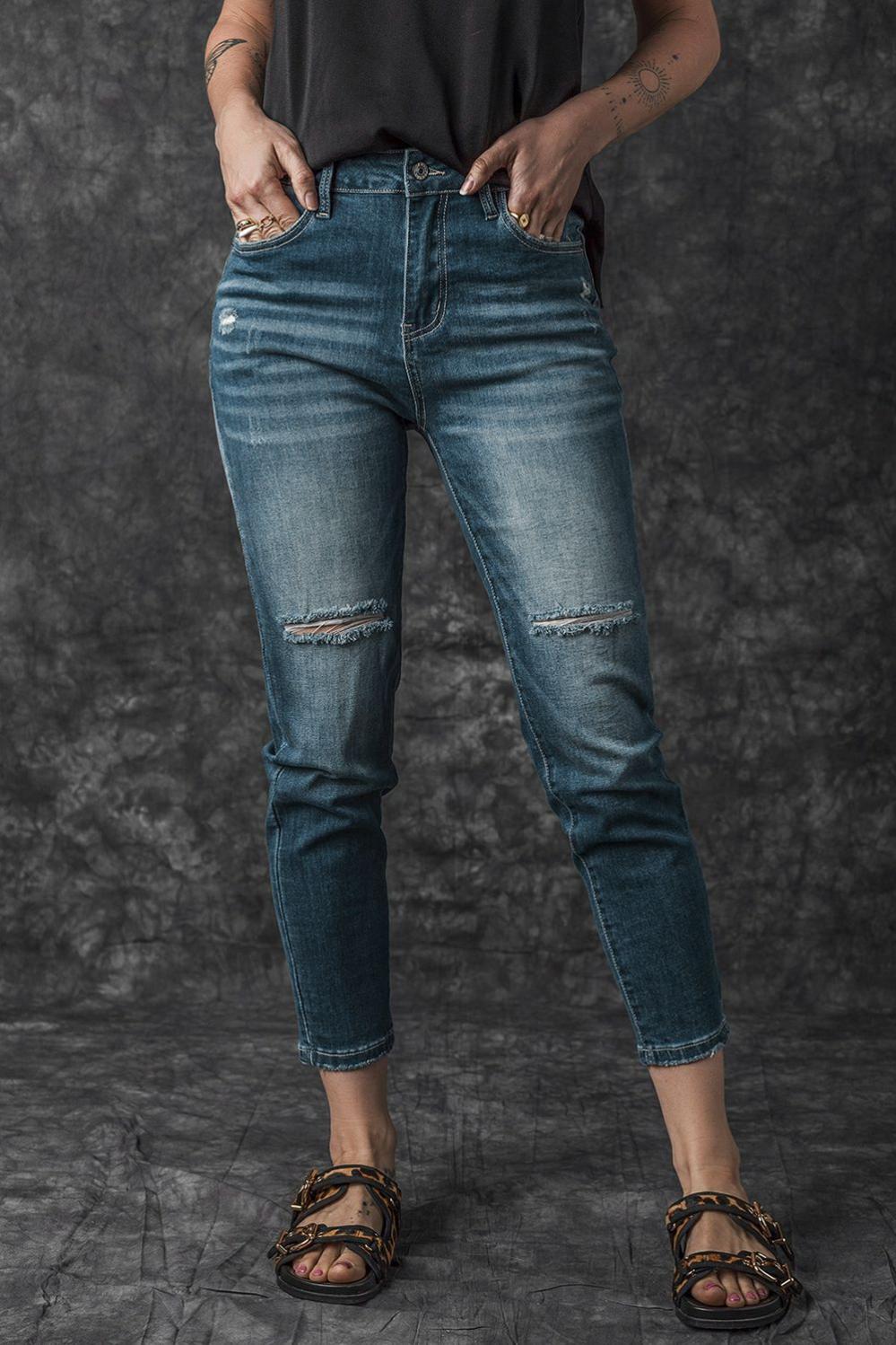 Womens  Jeans | Blue Distressed Ripped Skinny Jeans BOTTOMS Blue