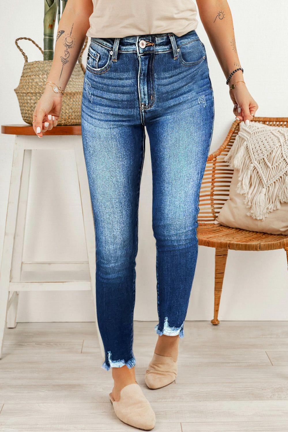 Womens  Jeans | Blue Raw Hem Ankle-length Skinny Jeans BOTTOMS Blue