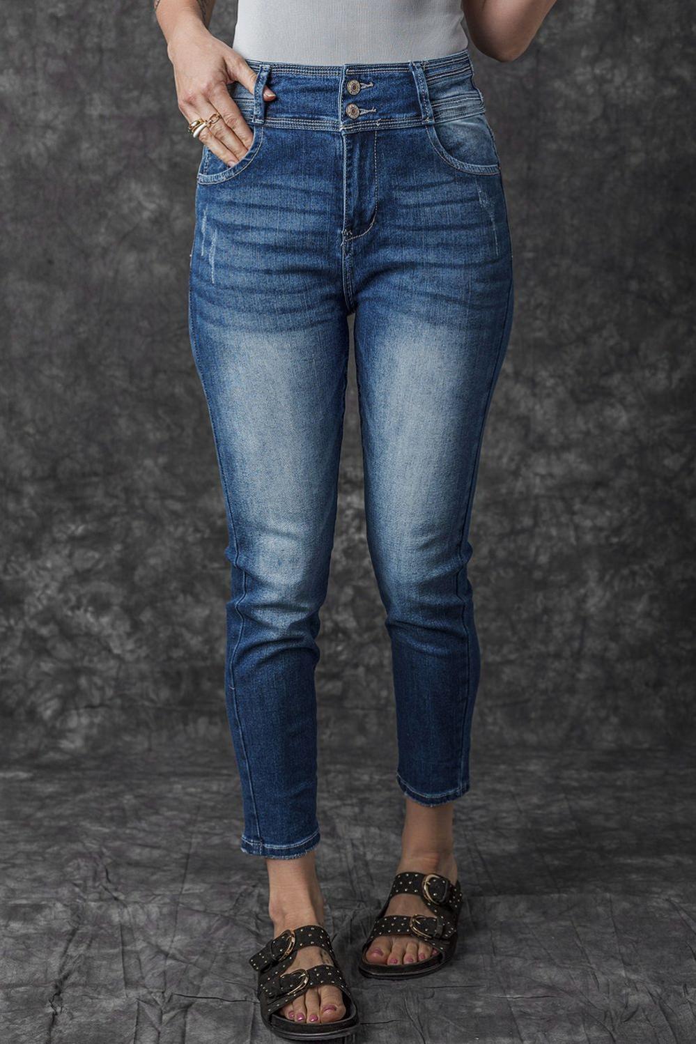 Womens  Jeans | Blue Vintage Washed Two-button High Waist Skinny Jeans BOTTOMS Blue