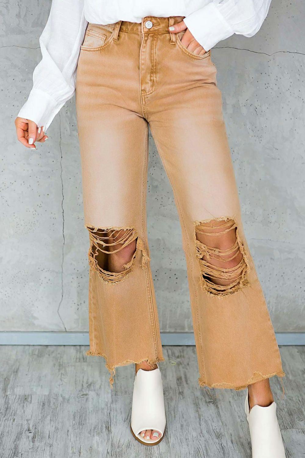 Womens  Jeans | Brown Distressed Hollow-out High Waist Cropped Flare Jeans BOTTOMS Brown