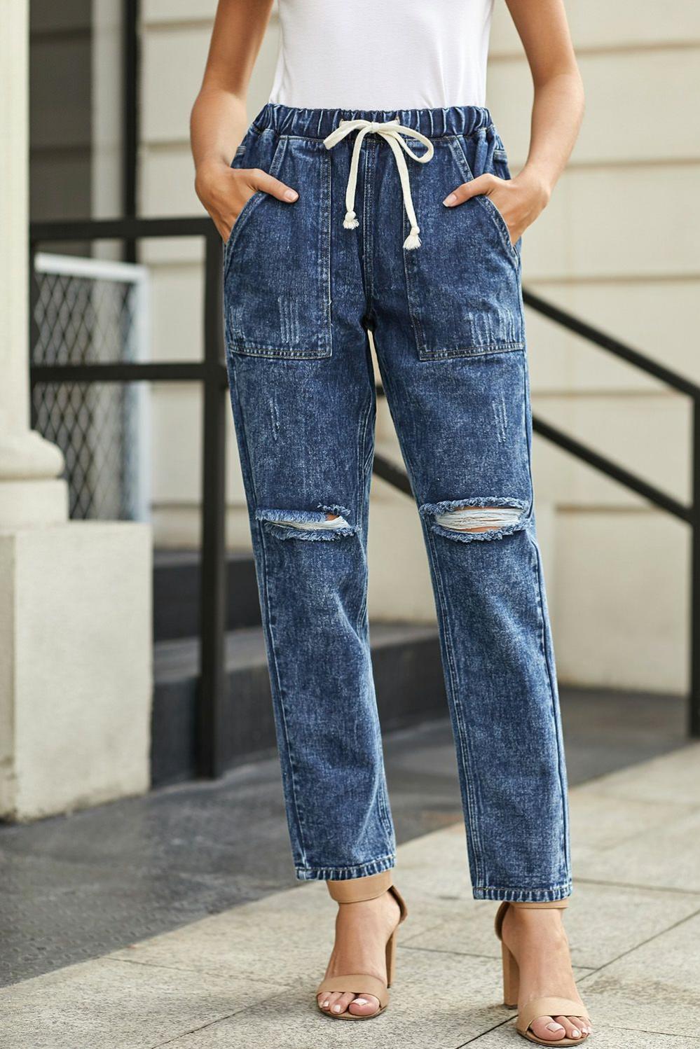 Womens  Jeans | Dark Blue Gather Round Distressed Pocketed Denim Jogger BOTTOMS Blue