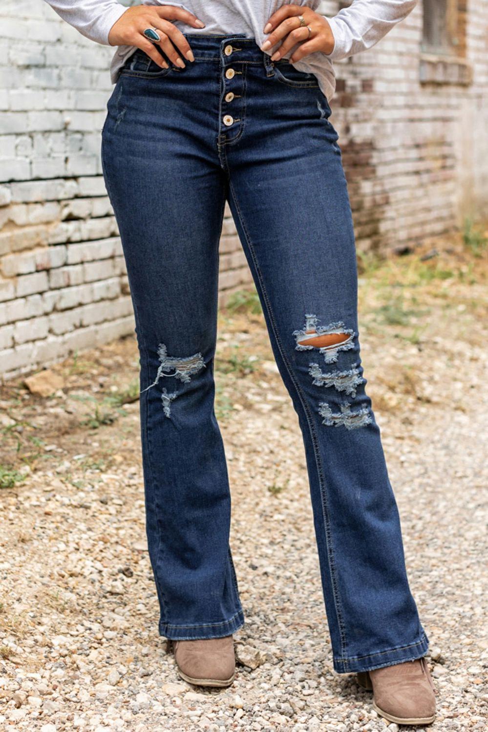 Womens  Jeans | Dark Washed Distressed Flare Bottom Jeans BOTTOMS Blue