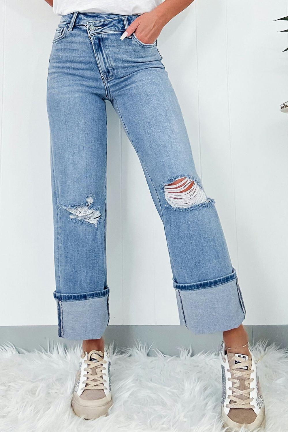 Womens  Jeans | Dusk Blue High Rise Asymmetric Button Zip Fly Ripped Jeans BOTTOMS Dusk Blue