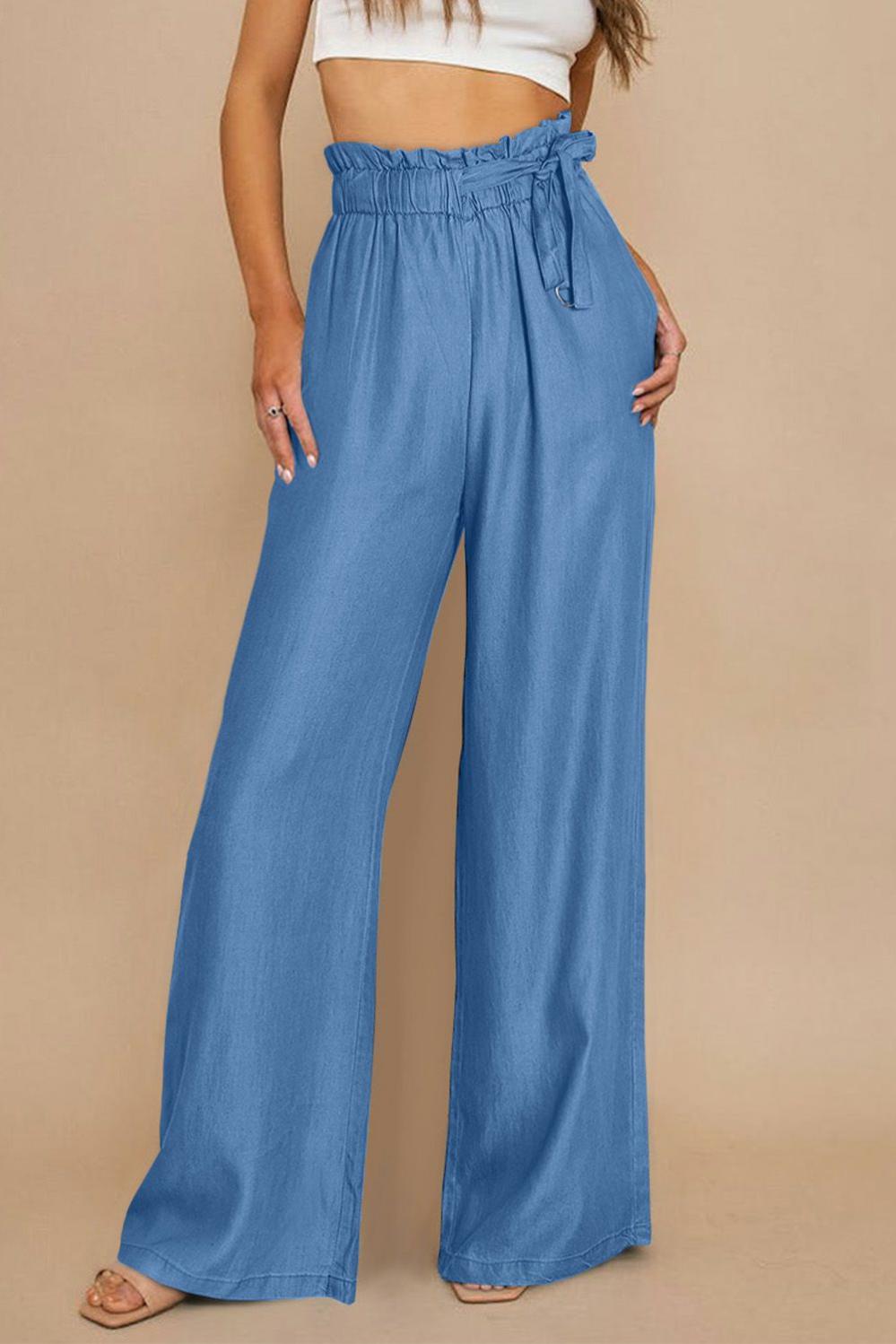 Womens  Jeans | High Waist Pocketed Wide Leg Tencel Jeans BOTTOMS Blue-2