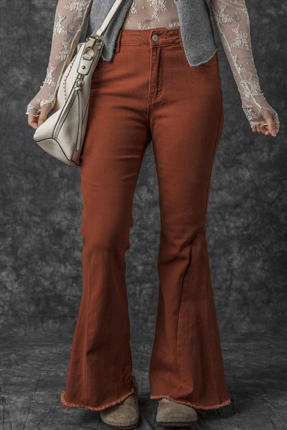 Womens  Jeans | High Waist Raw Hem Flare Jeans BOTTOMS Fiery Red