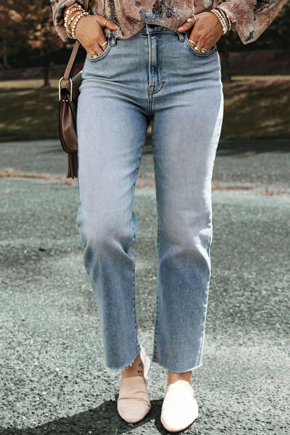 Womens  Jeans | Light Blue Acid Wash Raw Edge Straight Jeans BOTTOMS Jeans