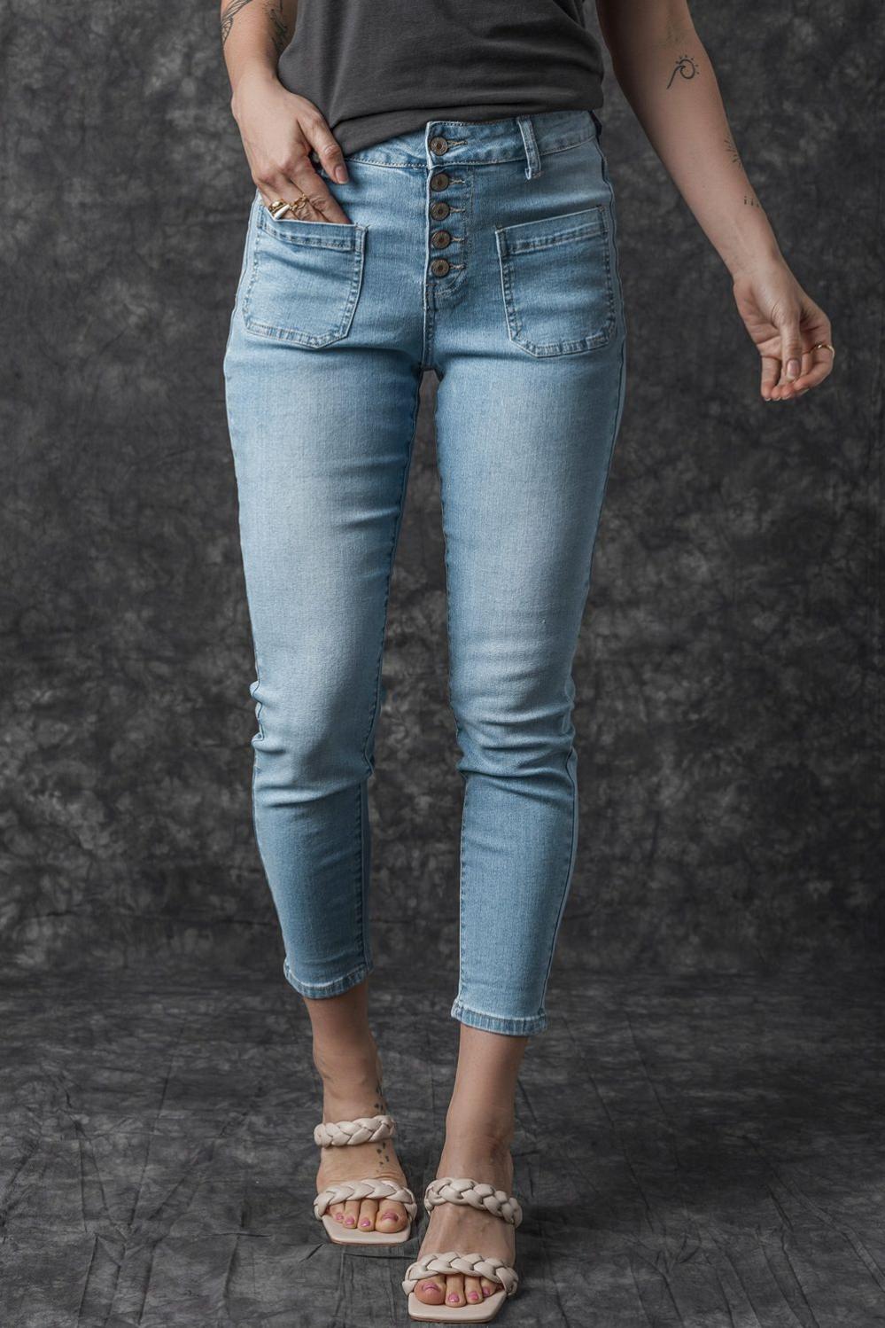 Womens  Jeans | Light Blue Button Fly Skinny Jeans with Pockets BOTTOMS Jeans