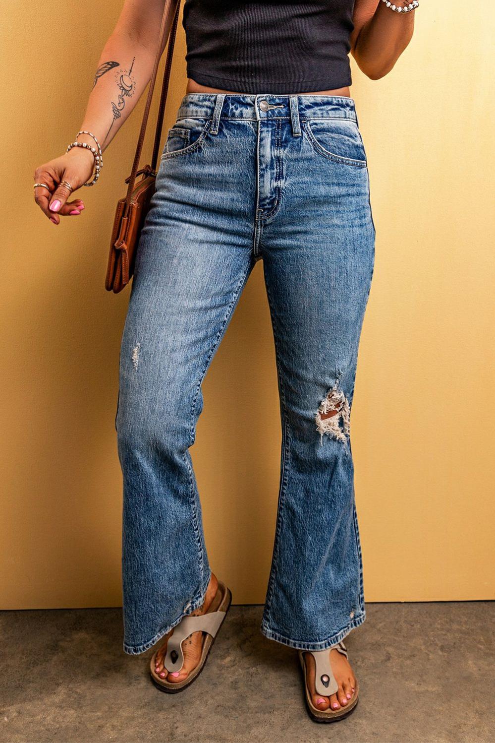 Womens  Jeans | Light Blue Distressed Flare Leg Jeans BOTTOMS Jeans