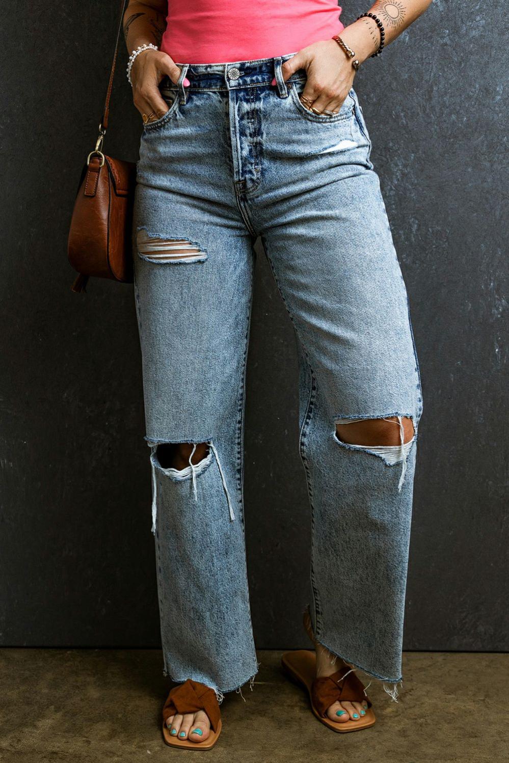 Womens  Jeans | Light Blue Distressed Ripped Raw Hem Straight Jeans BOTTOMS Jeans