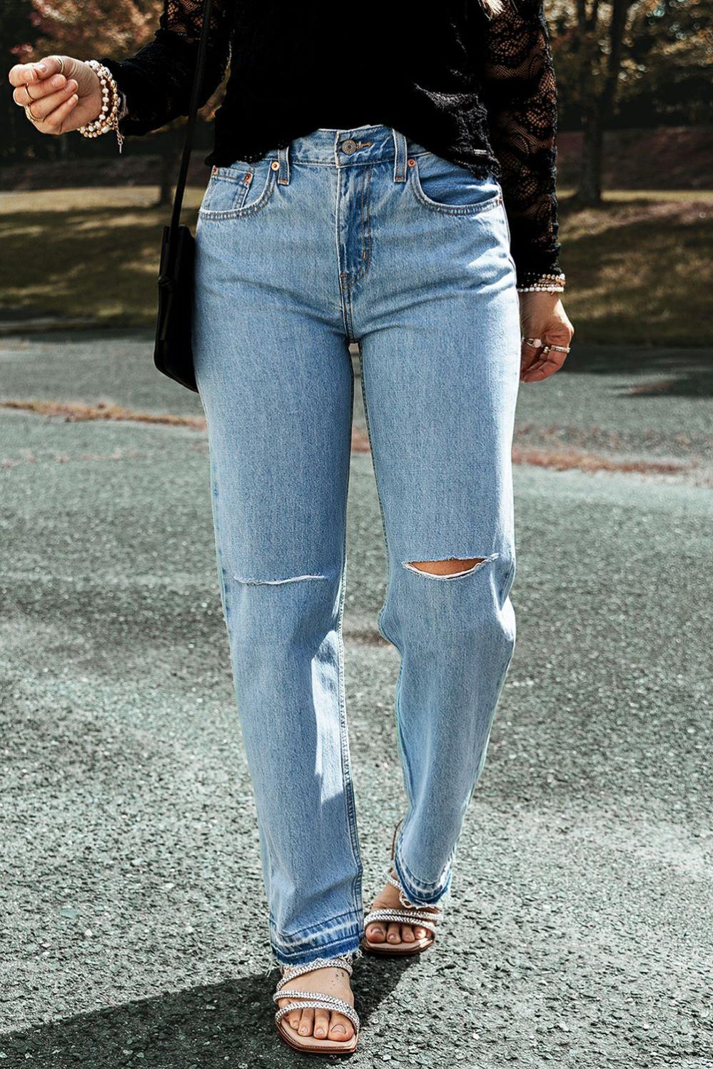 Womens  Jeans | Light Blue Distressed Slit Leg Raw Edge Straight Jeans BOTTOMS Jeans