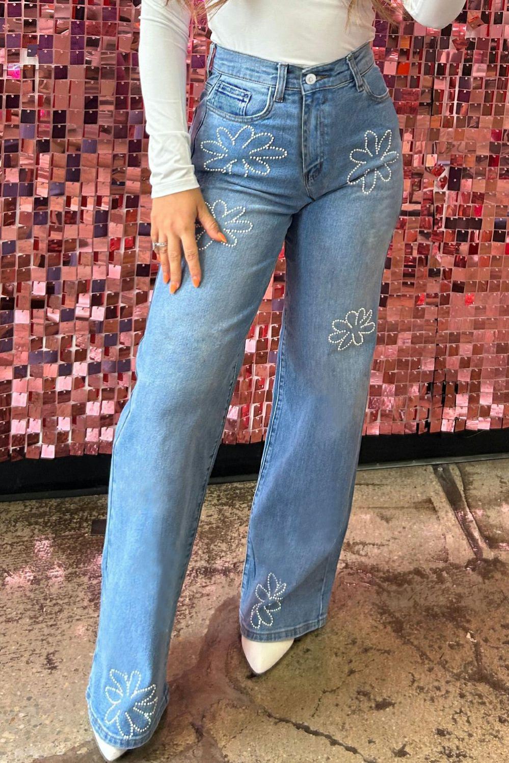 Womens  Jeans | Light Blue Floral Rhinestone Decor High Rise Wide Leg Jeans BOTTOMS Jeans