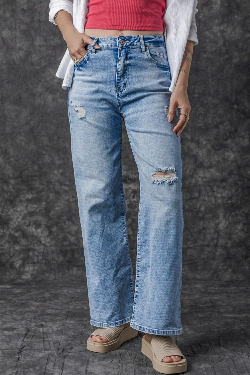 Womens  Jeans | Light Blue High Rise Distressed Straight Leg Jeans BOTTOMS Jeans