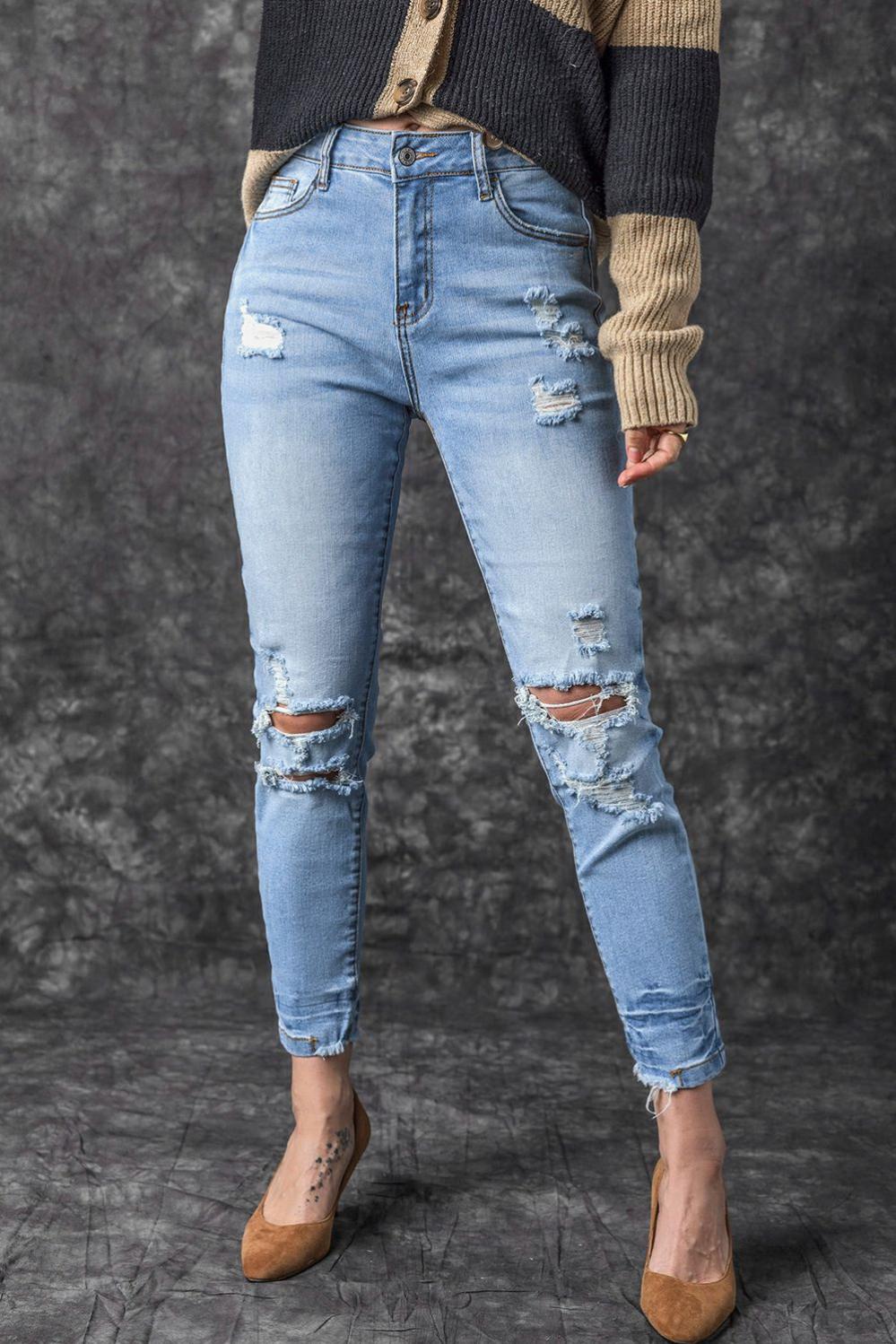 Womens  Jeans | Light Blue Vintage Distressed Ripped Skinny Jeans BOTTOMS Jeans