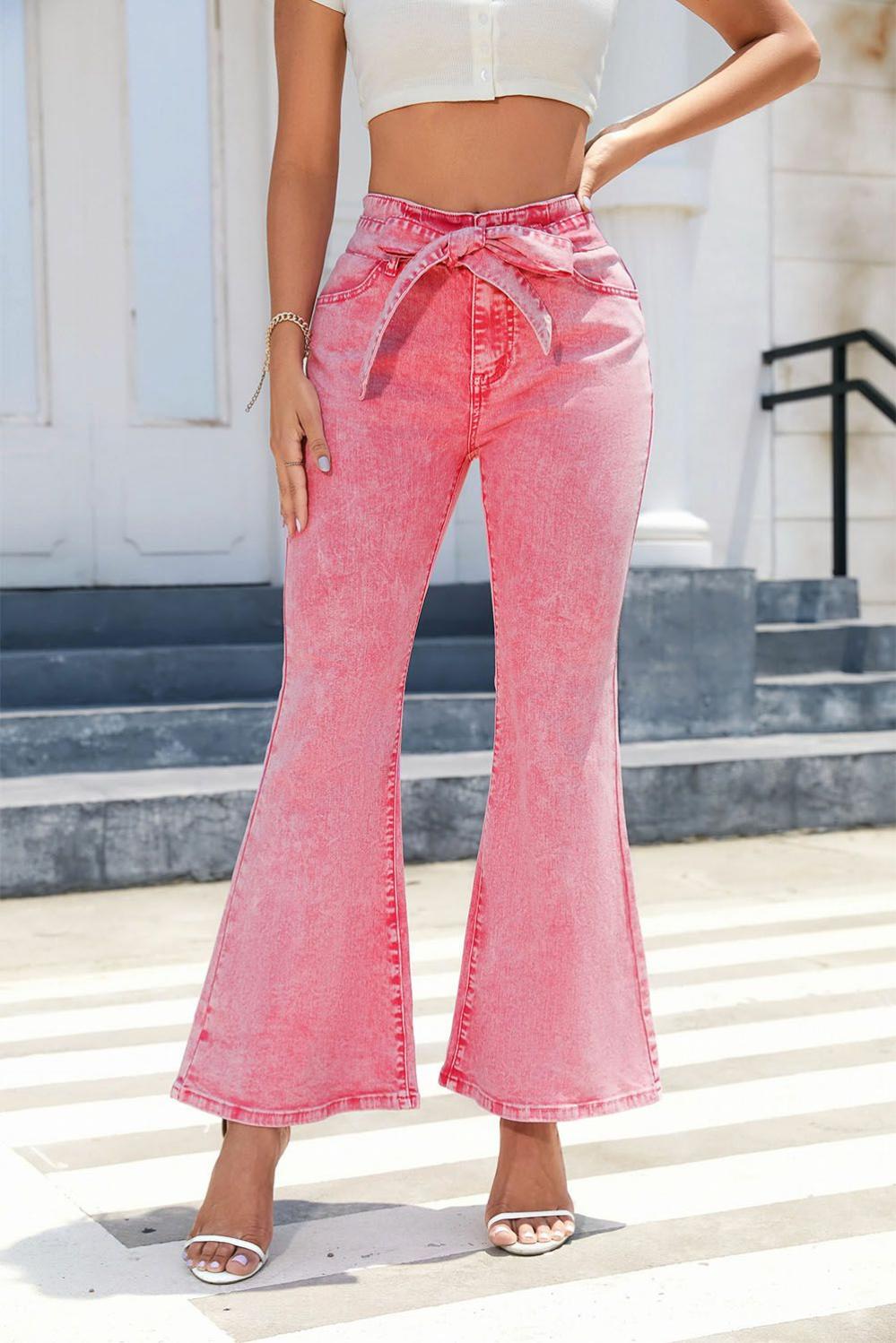 Womens  Jeans | Pink Flare Leg High Waist Front Knot Casual Jeans BOTTOMS Jeans