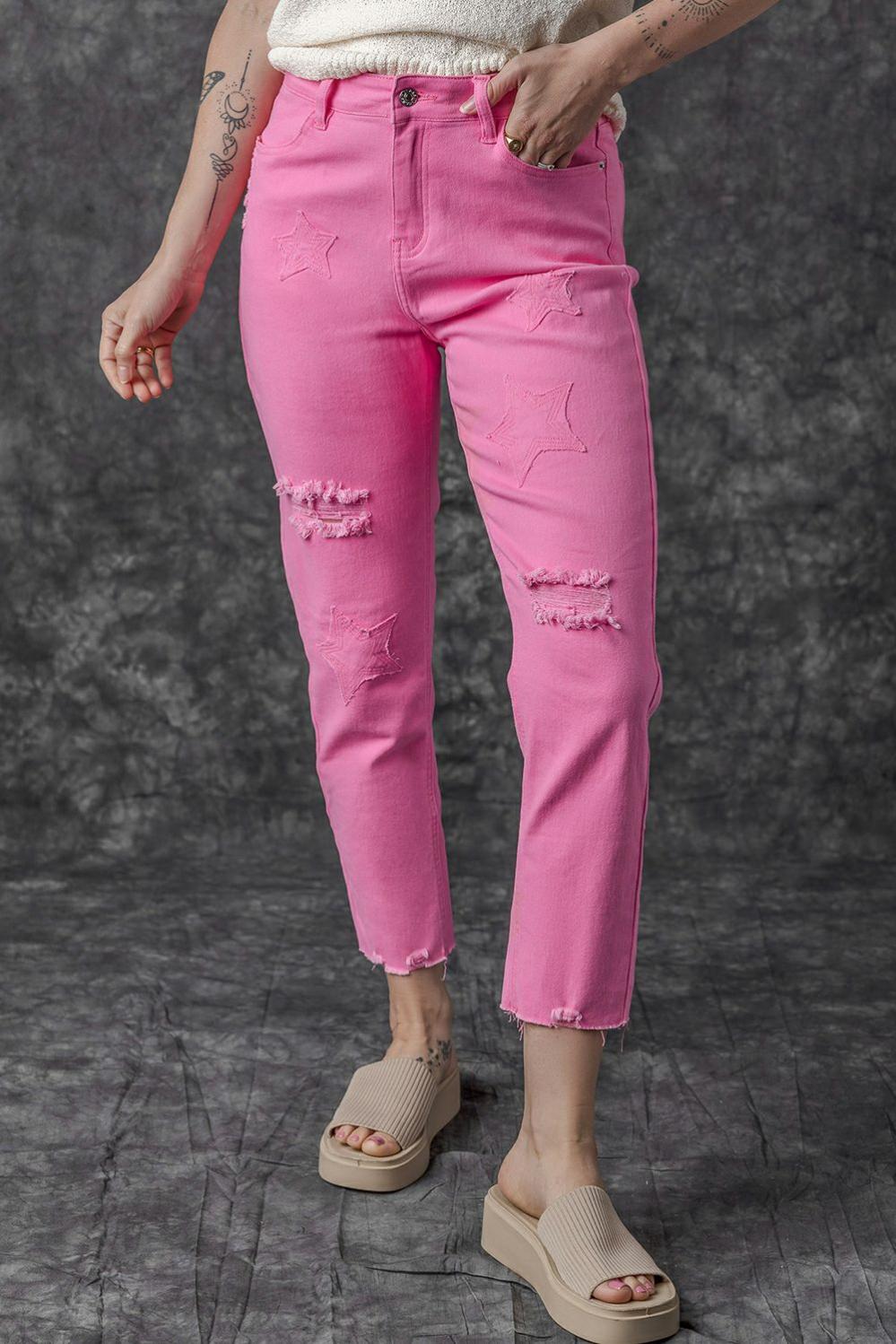 Womens  Jeans | Pink Star Shape Patchwork Mid Waist Straight Leg Jeans BOTTOMS Jeans